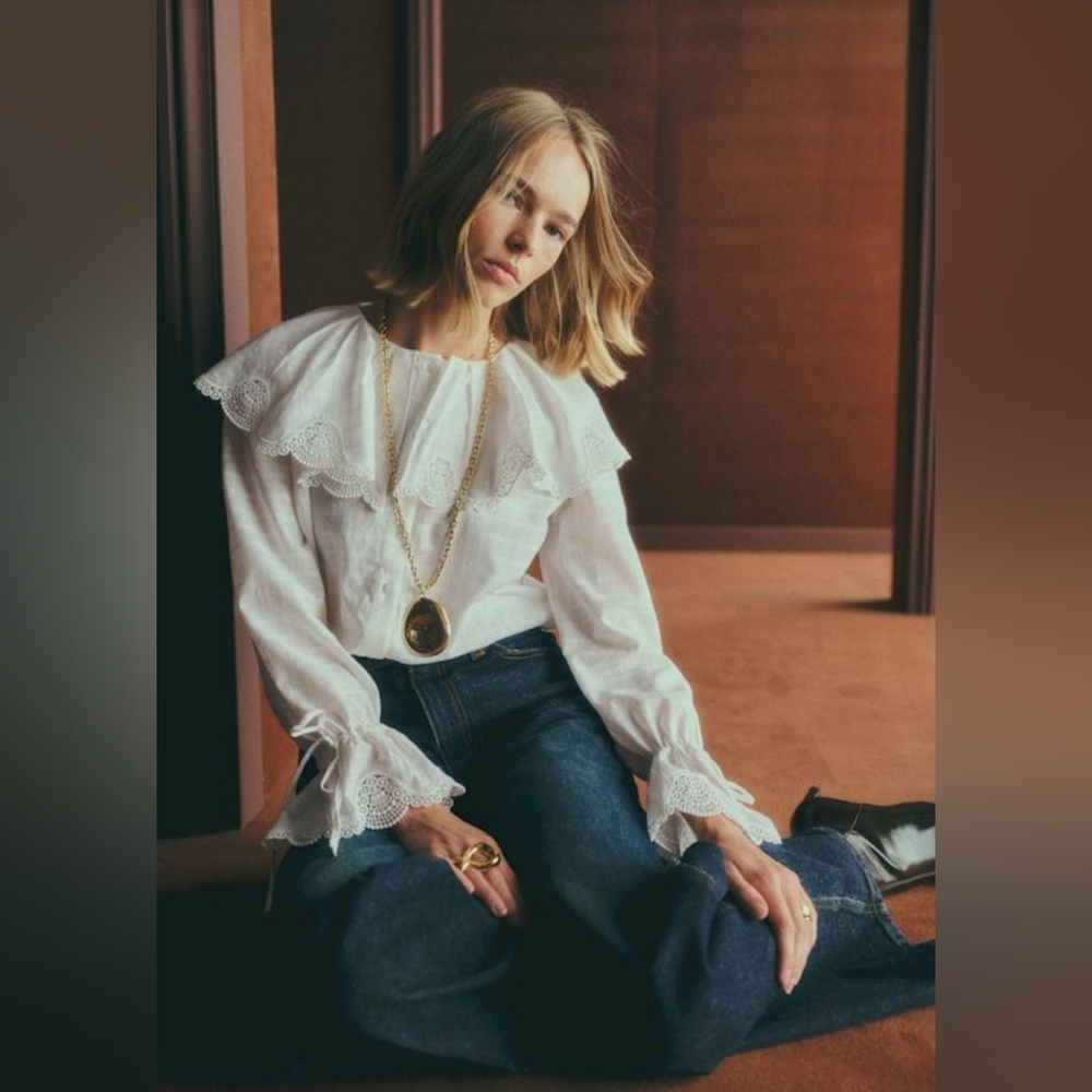 Sezane White Lace Trim Blouse